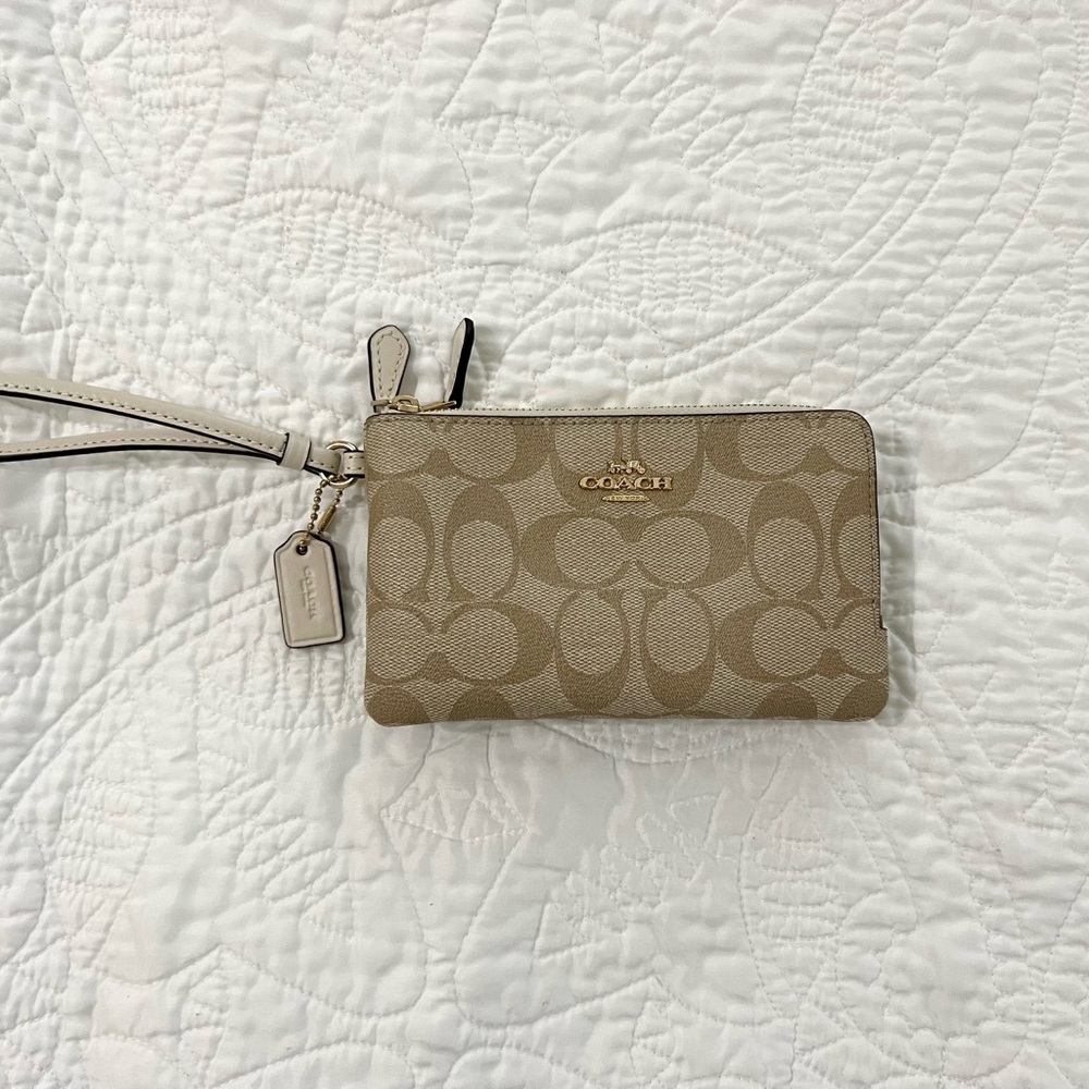 Coach Beige Signature Double Corner Zip Wristlet
